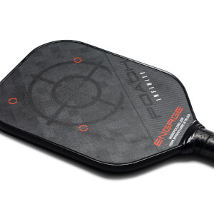 Top-down view of a black pickleball paddle with a target design and ENGAGE POACH INFINITY text.