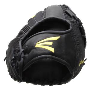 Top-down view of a black softball glove with yellow Easton logo and textured mesh.