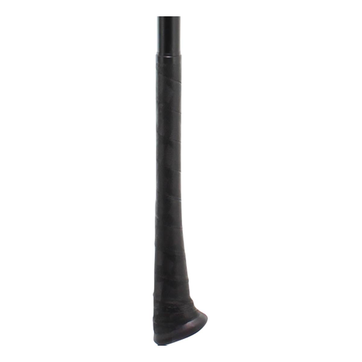 Close-up of a black baseball bat grip with a spiral texture.