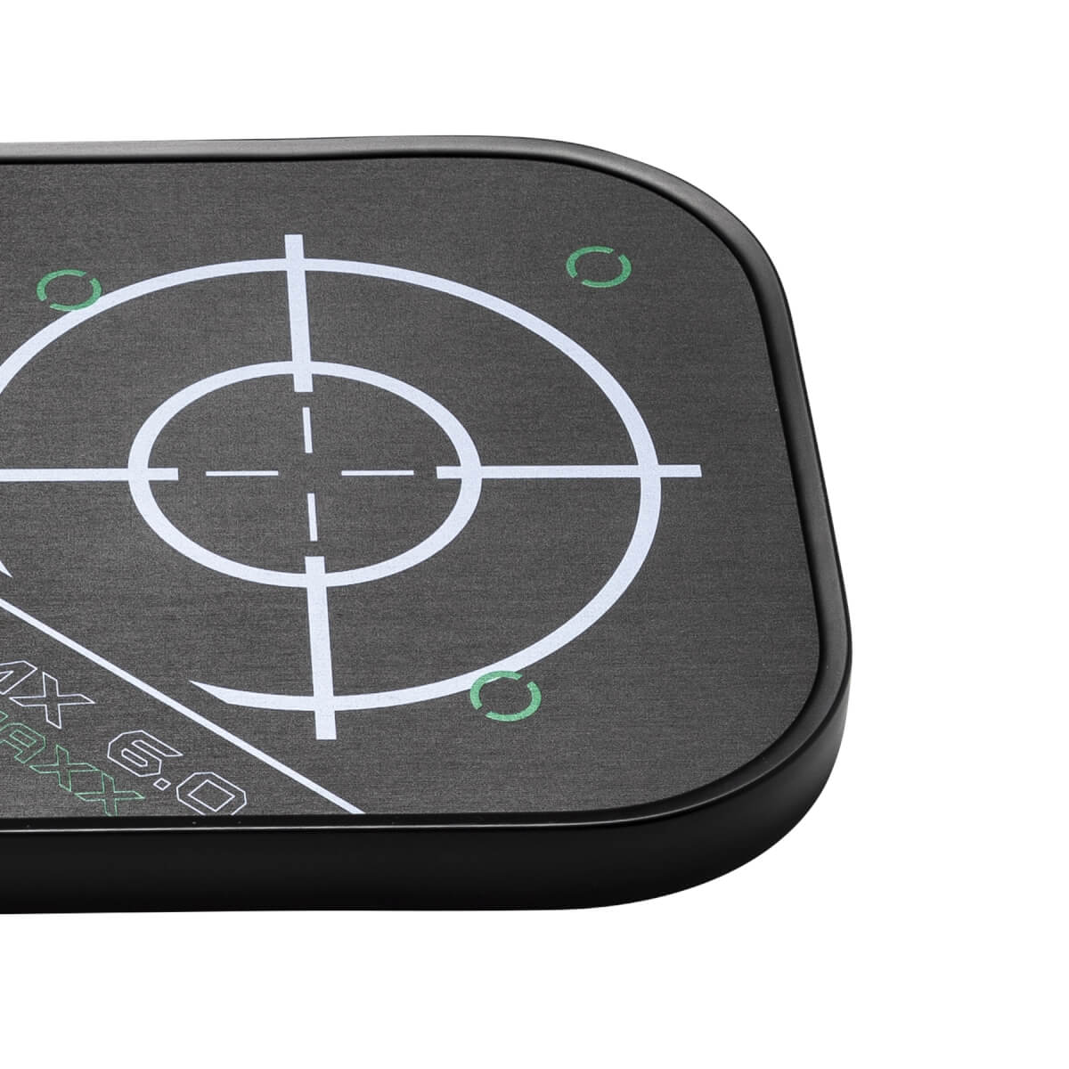 Corner view of a black pickleball paddle with a target design and MAXX 6.0 text.