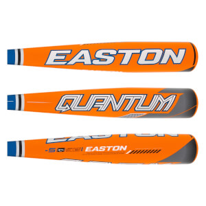 Top-down view of three orange Easton Quantum baseball bats with blue and gray accents.