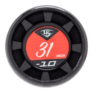 Top-down view of a black baseball bat end cap with a red circular insert displaying LS logo, 31 INCH, and -10.