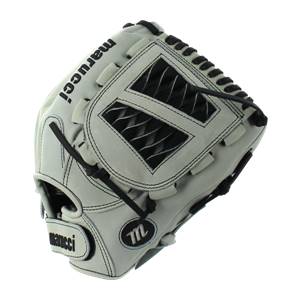 Top-down view of a gray and black Marucci softball glove with white stitching and a black M logo.