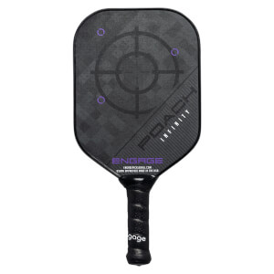 Front view of a black pickleball paddle with a target design, POACH INFINITY text, and ENGAGE logo.