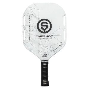 Front view of a white pickleball paddle with black geometric design, AERO INFINITYSHOT, ONESHOT PICKLEBALL, and STANDARD text.