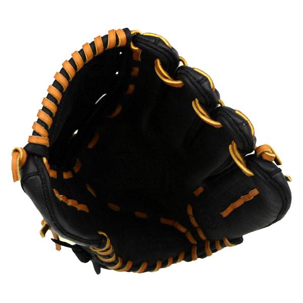 Inside view of a black baseball glove with tan lacing and a visible V logo.