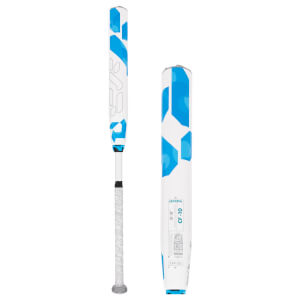 Side view of a white fastpitch softball bat with blue geometric patterns and CF-10 text.