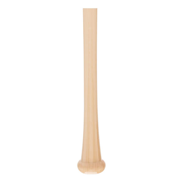 Full view of a natural wood baseball bat with visible grain, a long tapered barrel, and a rounded knob.
