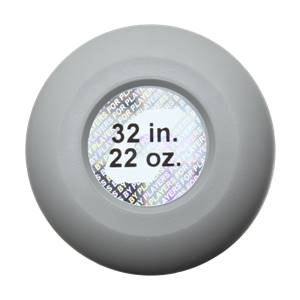 Top-down view of a gray baseball bat end cap with 32 in. 22 oz. text and PLAYERS FOR PLAYERS repeating pattern.