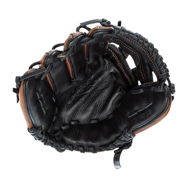 Top-down view of a black baseball glove with brown accents and visible lacing.