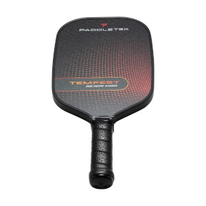 Front view of a black pickleball paddle with PADDLETEK and TEMPEST REIGN PRO text and a gradient dot pattern.