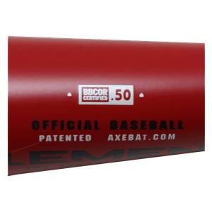 Close-up of a red baseball bat with BBCOR Certified .50, Official Baseball, Patented, and AxeBat.com text.