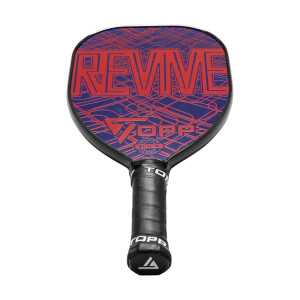 Front view of a blue and red pickleball paddle with REVIVE text and a geometric pattern.
