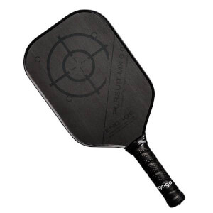 Top-down view of a black pickleball paddle with a target design, PURSUIT MX 6.0, and ENGAGE branding.