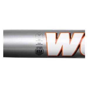 Close-up of a silver softball bat with white W logo and ASA, ISA, and USSSA certifications.