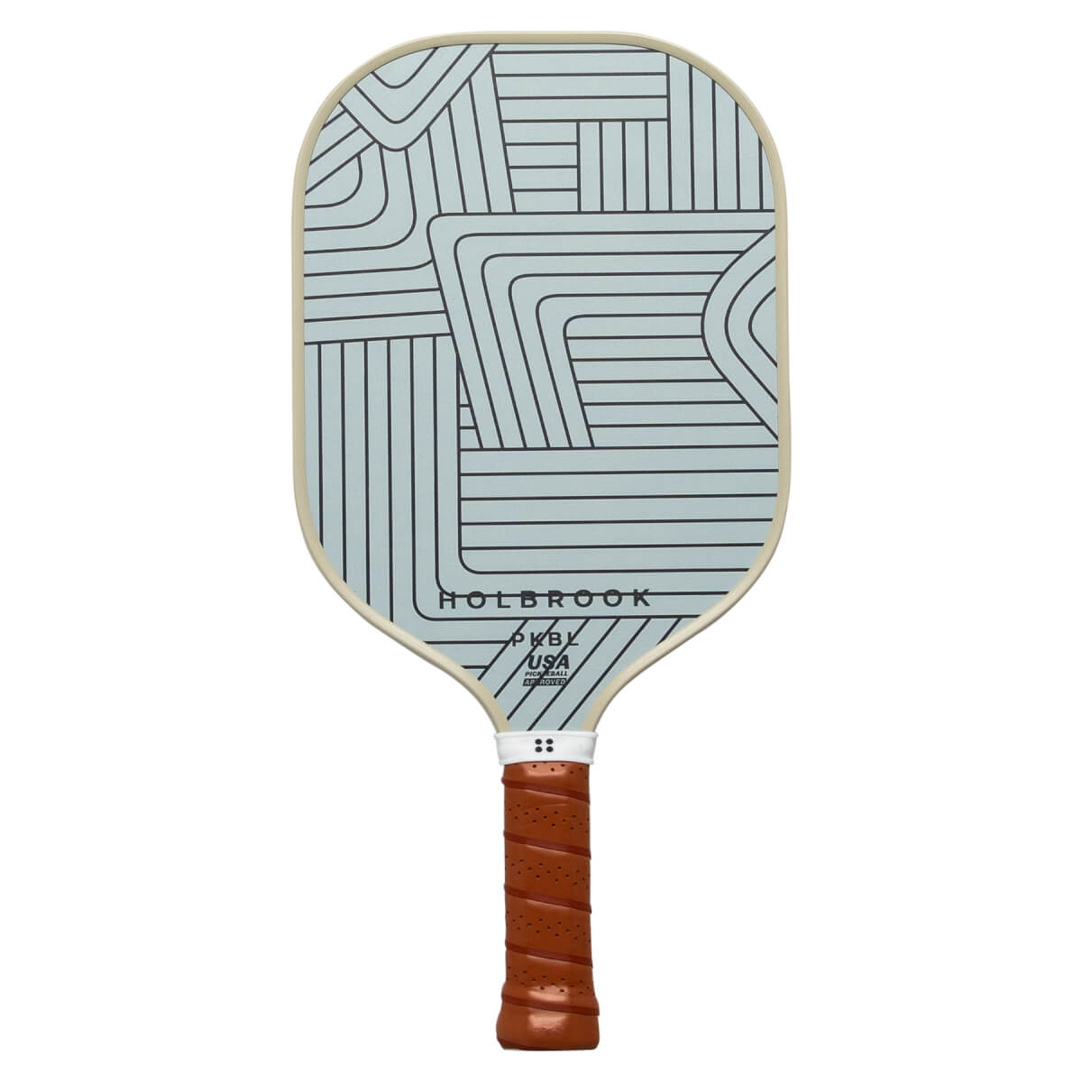 Front view of a light blue pickleball paddle with a geometric line design, HOLBROOK text, and a brown grip.