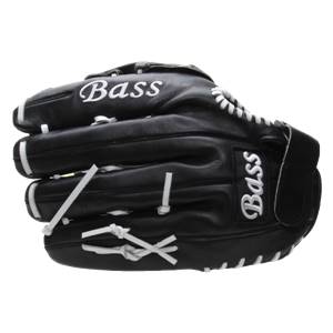Top-down view of a black baseball glove with white stitching and Bass branding.