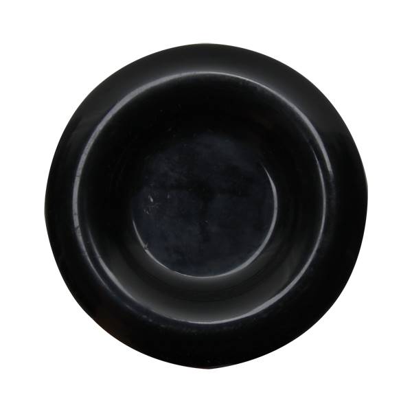 Top-down view of a black baseball bat end cap with a smooth, concave surface.