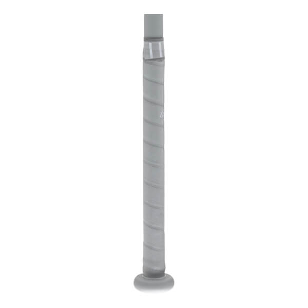 Close-up side view of a light gray fastpitch softball bat handle with a spiraled grip and visible knob.