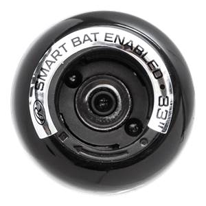 Top-down view of a black baseball bat end cap with SMART BAT ENABLED text and 33 marking.