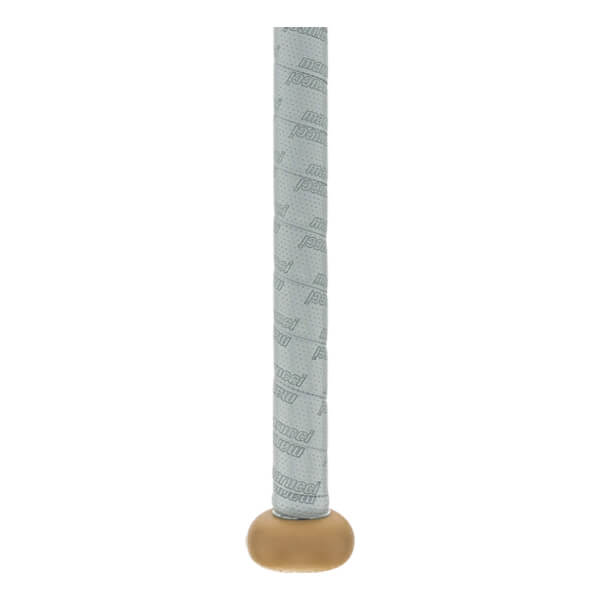 Close-up of a light gray bat grip with repeated Marucci text, perforated texture, and a tan knob.
