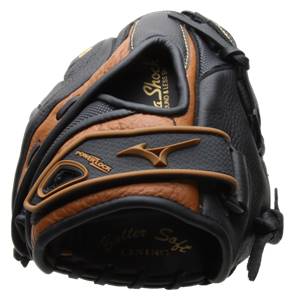 Front view of a black and tan baseball glove with POWER LOCK and Butter Soft LINING text.