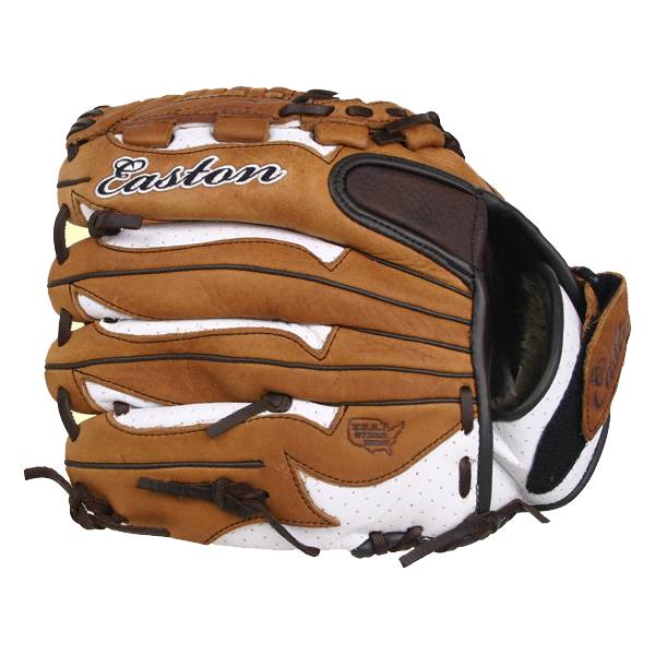 Side view of a brown and white Easton fastpitch glove with white stitching and a USA map logo.