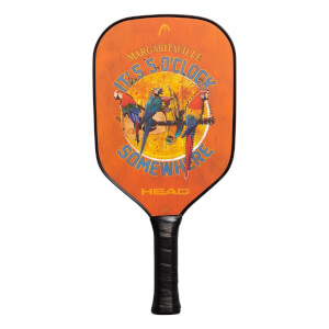 Front view of an orange pickleball paddle with parrots and Its 5 OClock Somewhere text.