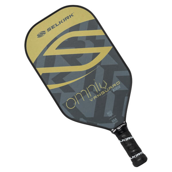 Top-down view of a grey and gold pickleball paddle with Omni and Vanguard 2.0 text.