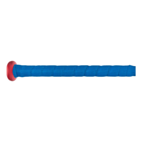 Close-up view of the bat handle featuring blue perforated grip tape and a solid red knob.