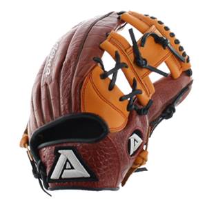 Side view of a brown baseball glove with orange accents and a white A logo.