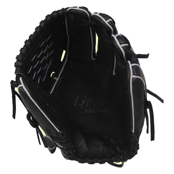 Interior view of a black baseball glove with white stitching and Liberty Advanced branding.