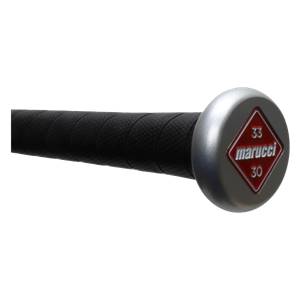 Close-up of a black baseball bat with a textured grip and a silver end cap featuring a red diamond with marucci and 33 30 text.