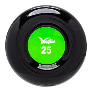 Top-down view of a black baseball bat with a green cap featuring Victus and 25.