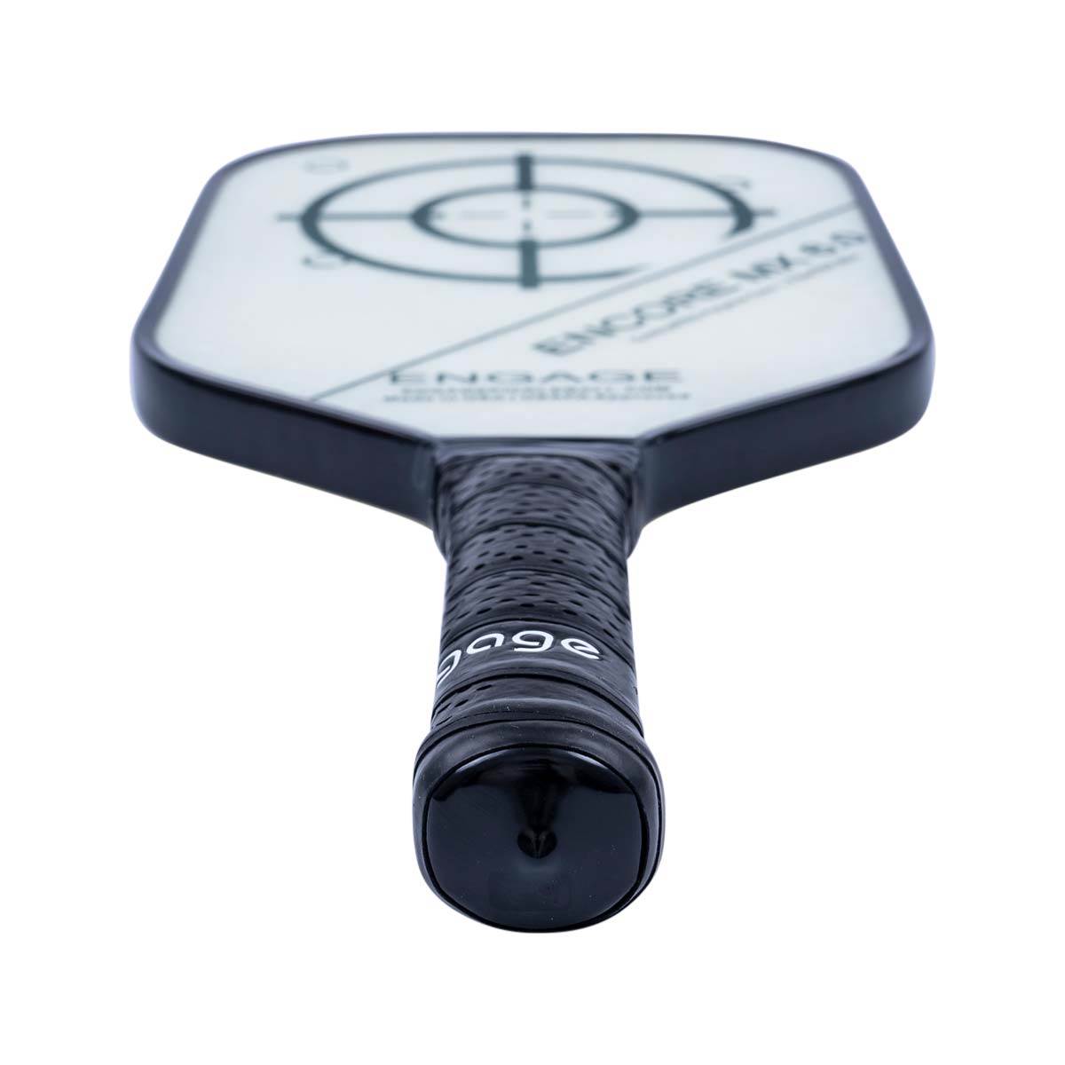 Top-down view of a white pickleball paddle with a black grip, target design, and ENGAGE text.