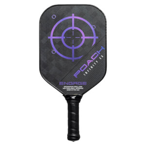 Front view of a black pickleball paddle with a purple target, POACH INFINITY EX text, and ENGAGE logo.