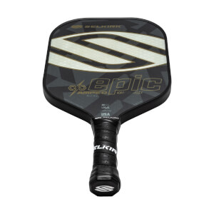 Top-down view of a black pickleball paddle with a large white S graphic and epic text.