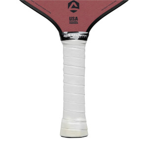 Top-down view of a red pickleball paddle with a white grip and USA Pickleball Approved logo.