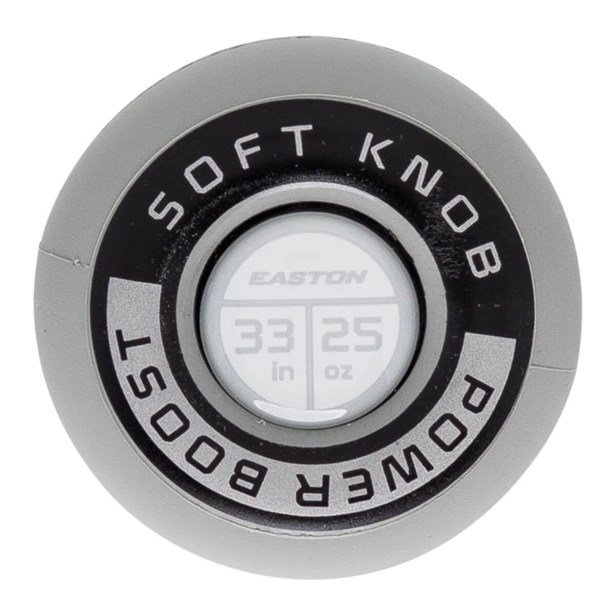 Top-down close-up of a gray bat end cap with EASTON logo, 33 in 25 oz, and SOFT KNOB POWER BOOST text.