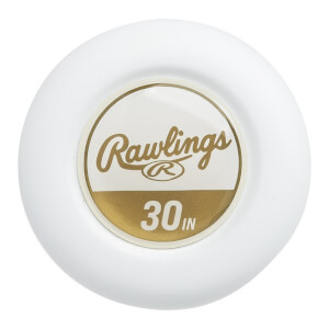 End cap view of a white baseball bat with Rawlings logo and 30 IN text.