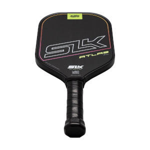 Front view of a black pickleball paddle with white SLK and ATLAS XL text and a green logo.