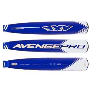 Three side profile views of the blue and white barrel display gold AXE and AVENGEPRO logos alongside technical specs including 32 INCH length and 27 OUNCE weight.