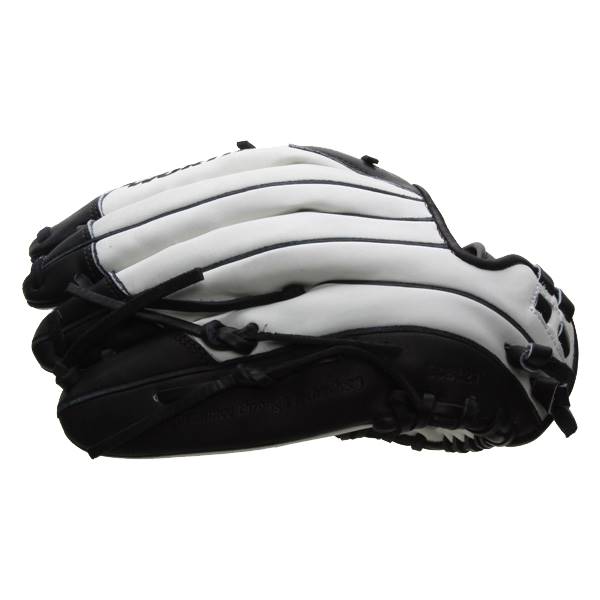 Side view of a black and white softball glove with white finger stalls and black lacing.