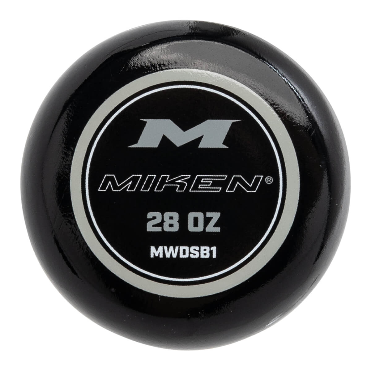 Close-up of a black softball bat end cap with a circular Miken logo, 28 OZ, and MWDSB1.