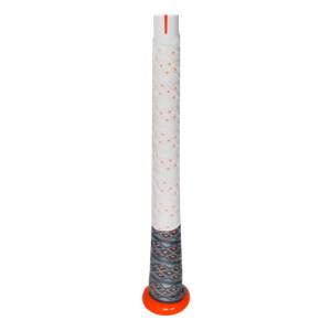 Close-up of a white baseball bat grip with orange dots and a gray diamond pattern, on an orange end cap.