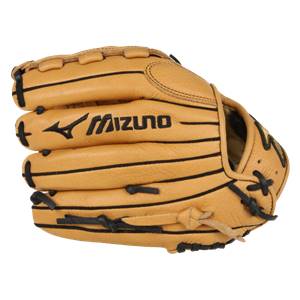 Side view of a tan baseball glove with black Mizuno branding and lacing.