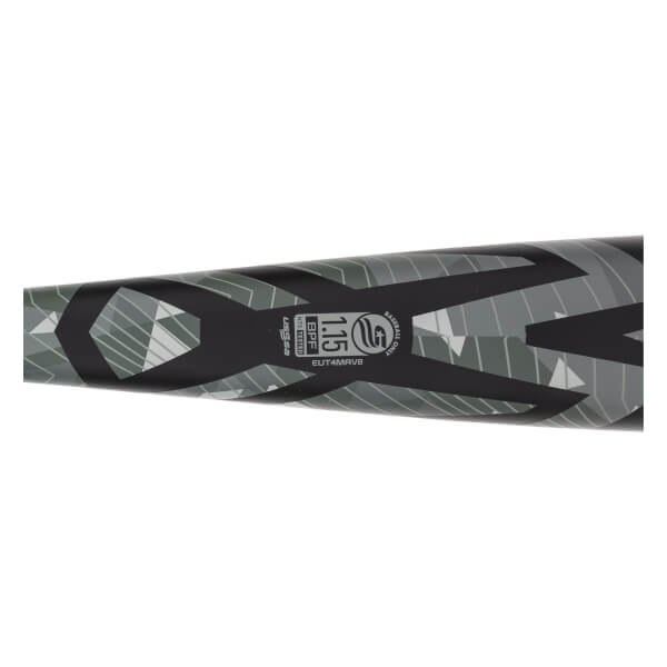 Close-up of an Easton baseball bat in black and gray with a geometric camo pattern and USSSA 1.15 BPF stamp.
