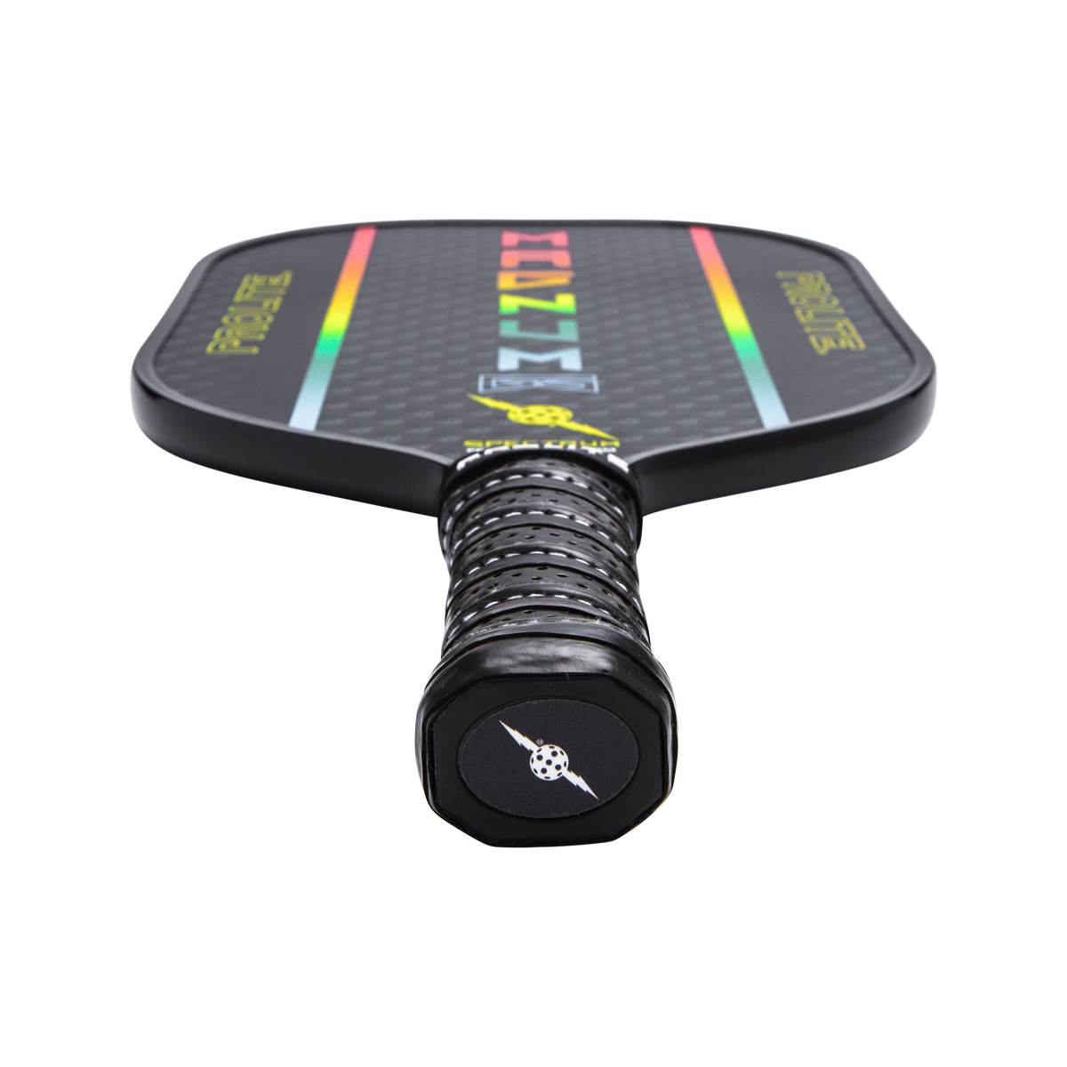 Top-down view of a black pickleball paddle with rainbow accents and a textured grip.