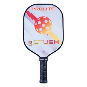 Front view of a white pickleball paddle with PROLITE and CRUSH text, and a graphic of a pickleball.