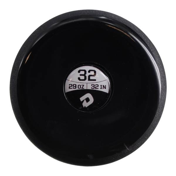 End view of a black baseball bat with 32, 29 OZ, 32 IN, and a DeMarini logo.